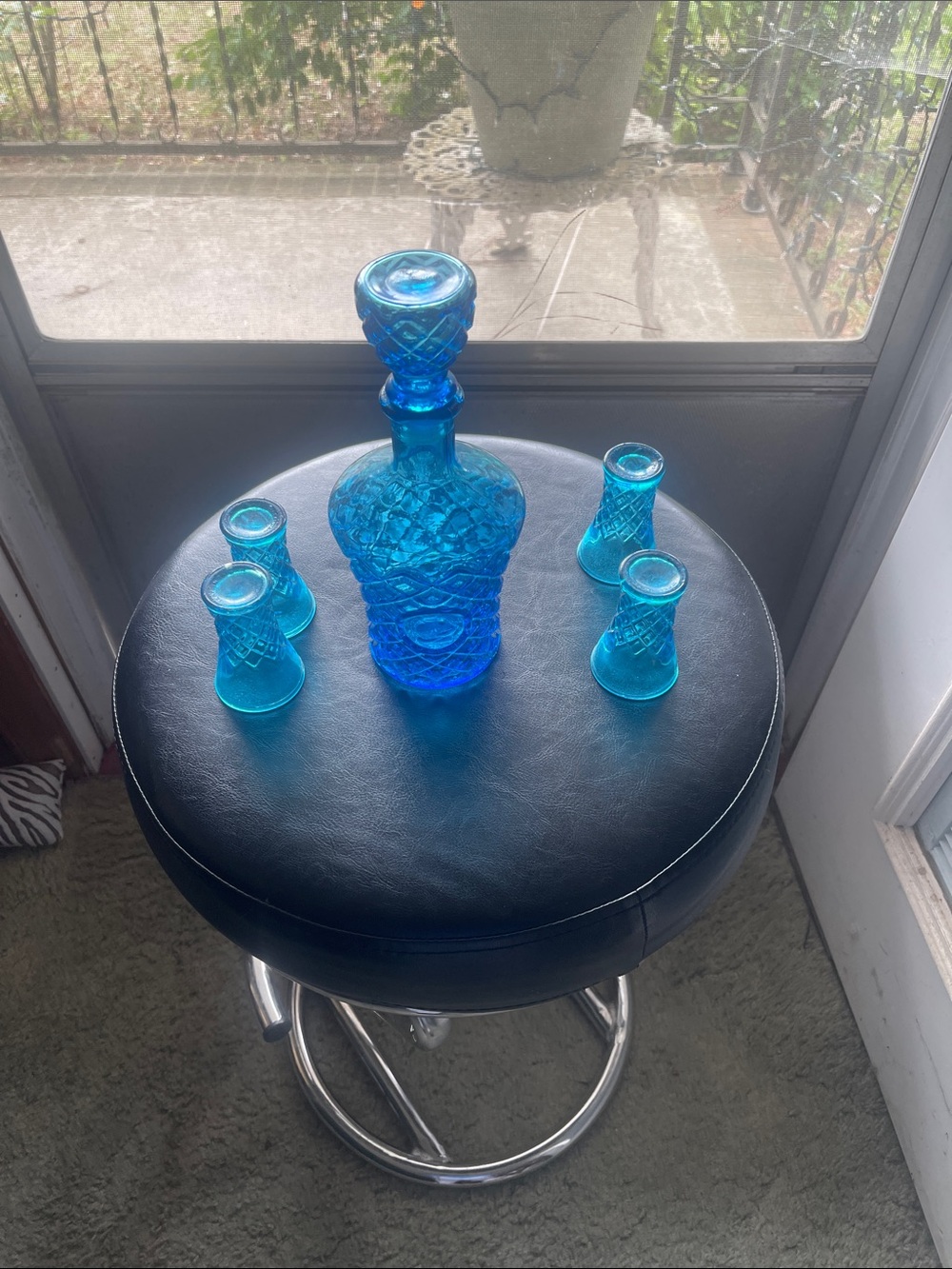 Vintage Vintage Cobalt Blue Pressed Glass Decanter Set